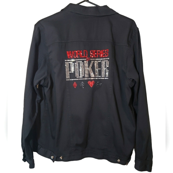 World Series Poker Black Denim Rhinestones Jacket Size Large - Picture 2 of 8